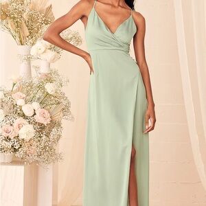 Lulu’s Outstanding Elegance Sage Green Satin Surplice Maxi Dress
